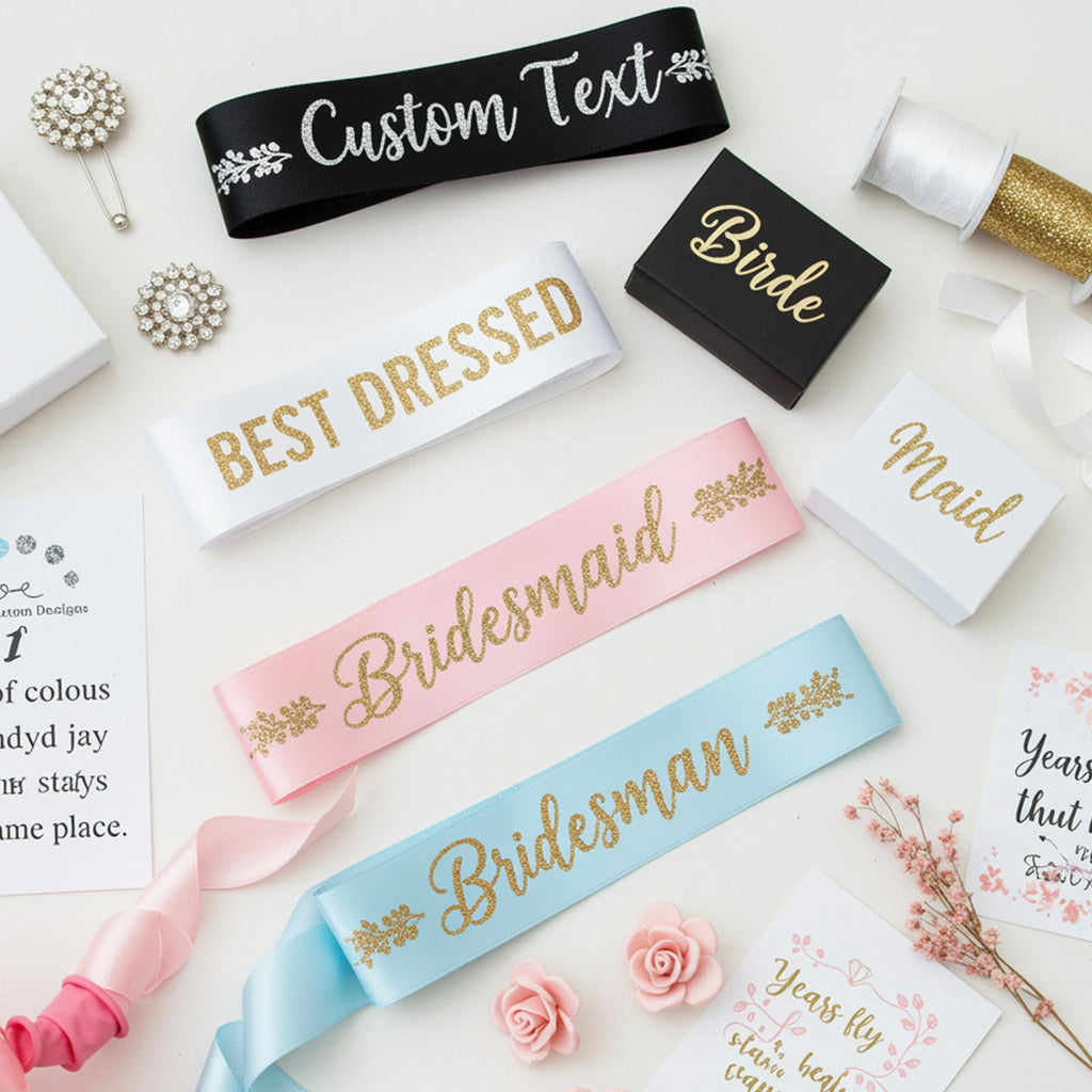 Collection of customizable sashes with text like 'Bridesmaid', 'Best Dressed', and 'Maid' on a decorative background.