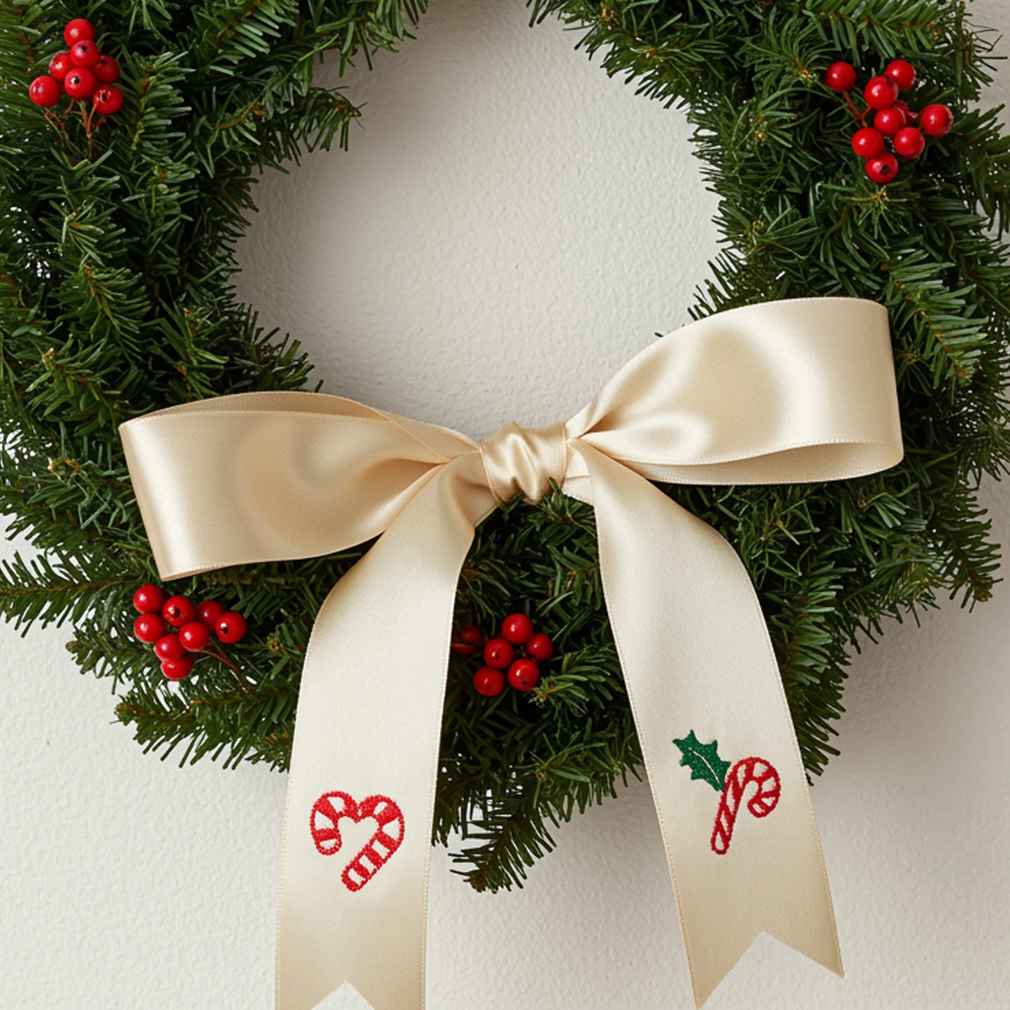 cottagecore decor, front door wreath, front door decor, seasonal decor, winter wreath sash.