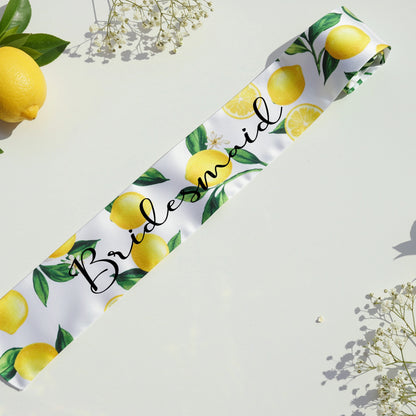 lemon bridal theme, bride to be sash, sash with lemon, blue tile lemon sash, Personalized Lemon.