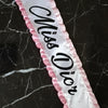 diamante effect trim, hen party weekend, pageant queen, personalised sash, printed satin award.