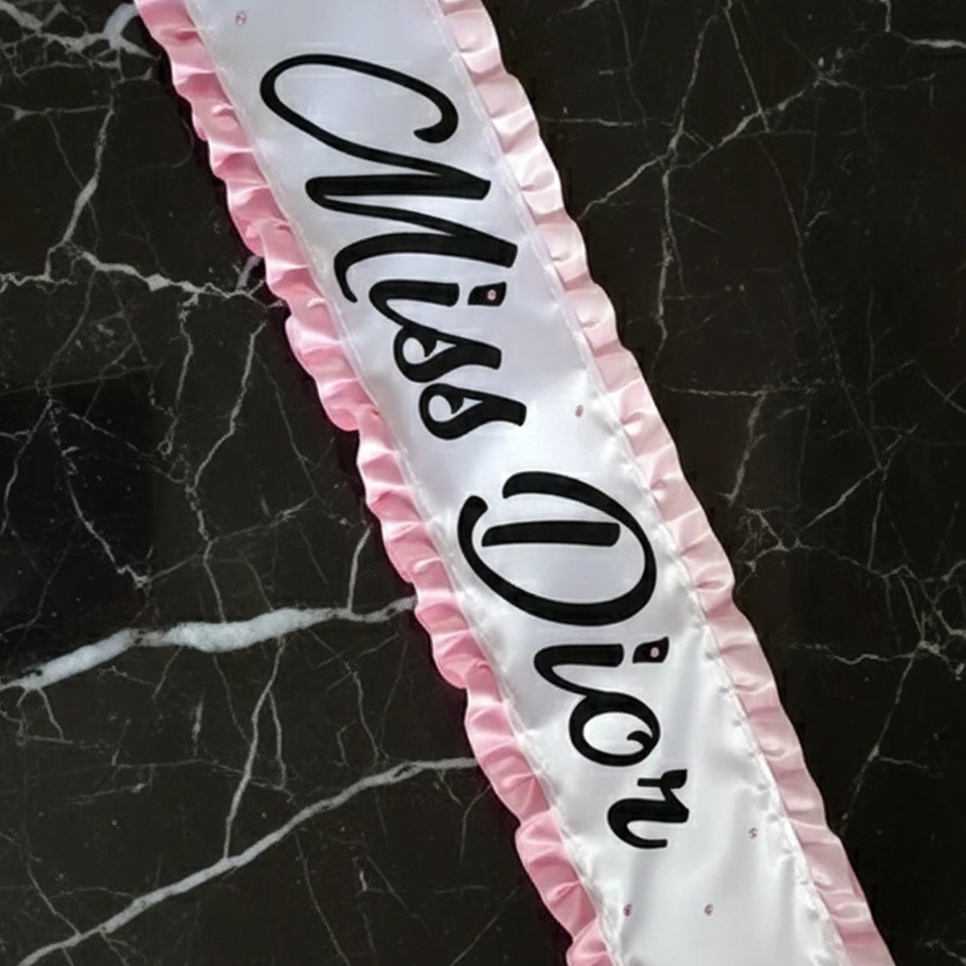 diamante effect trim, hen party weekend, pageant queen, personalised sash, printed satin award.