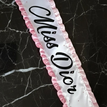 diamante effect trim, hen party weekend, pageant queen, personalised sash, printed satin award.