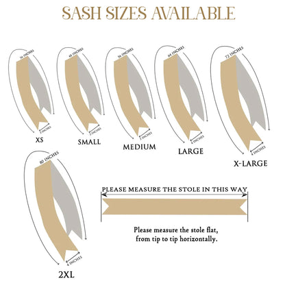 Diagram showing different sizes of sashes with measurements on a white background.