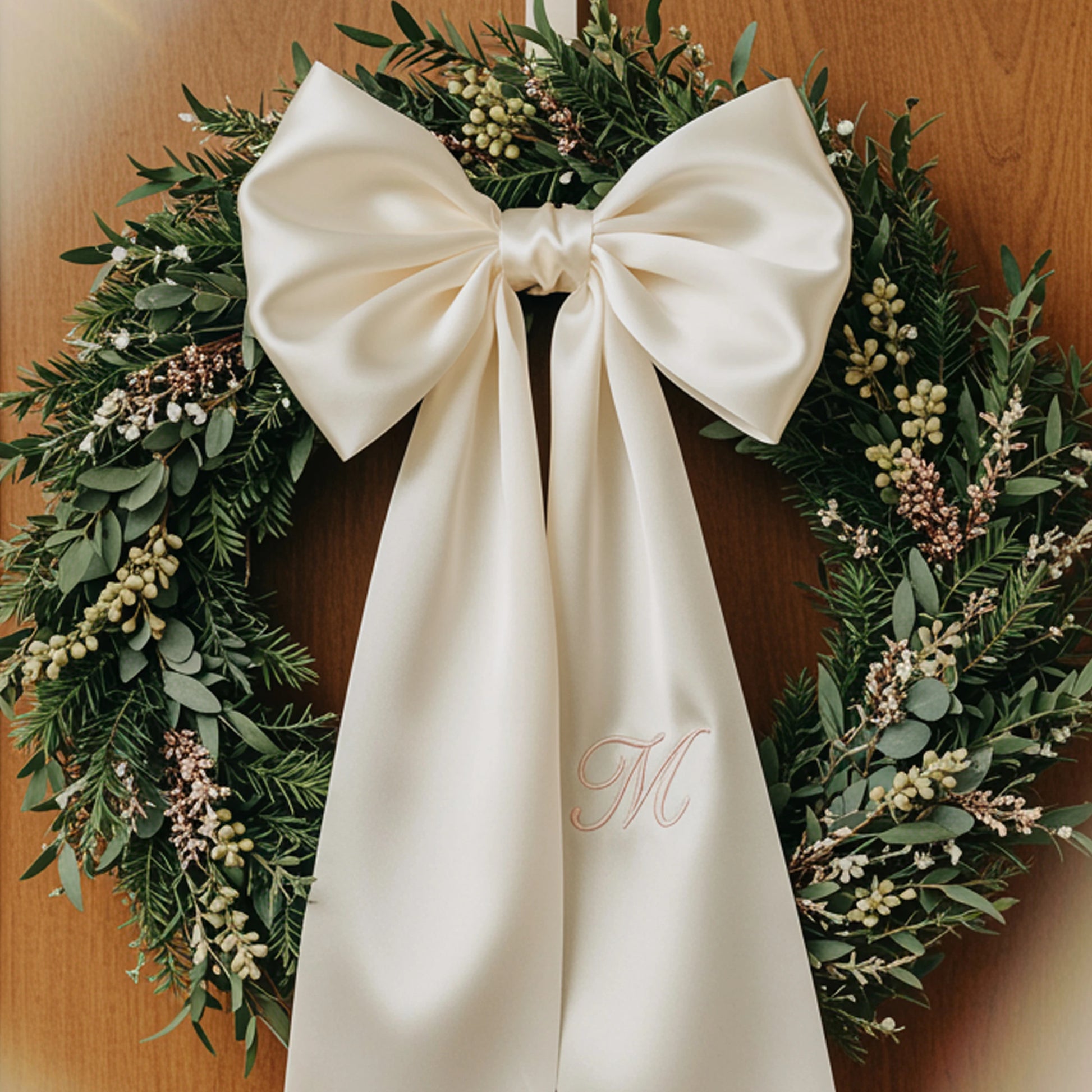 seasonal decor, fall porch decor, fall wreath bow, monogram wreath sash, winter wreath sash.