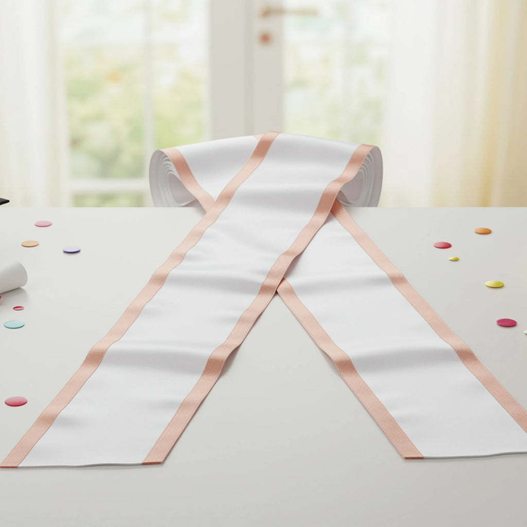 Pink satin sashes with customizable text on a marble surface