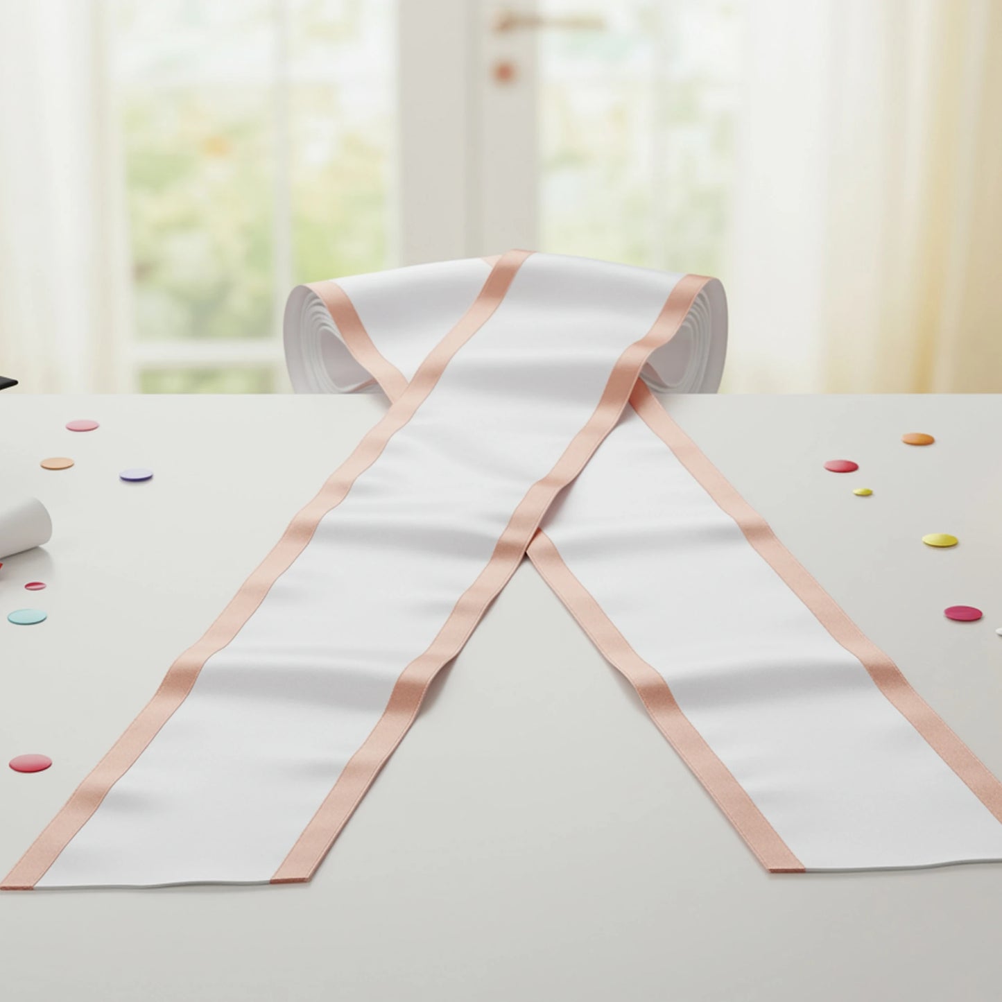 Pink satin sashes with customizable text on a marble surface