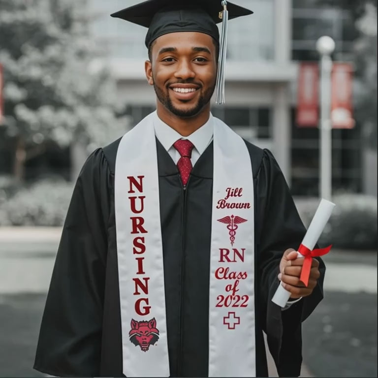 White nursing sash with red font 